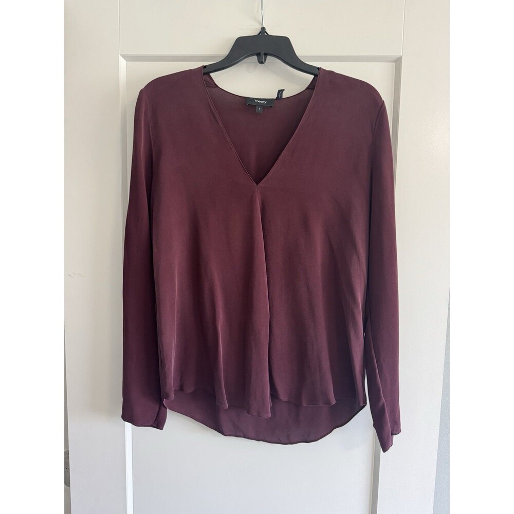 Theory Trent 100% Silk Vneck Blouse In Burgandy/Wine Size Small